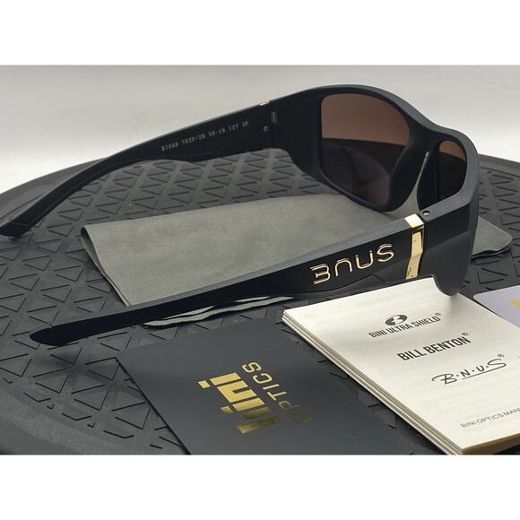 NEW BNUS Bill Benton Matte Black Polarized Sunglasses Brown HD Lenses Italy Gold - Picture 15 of 16